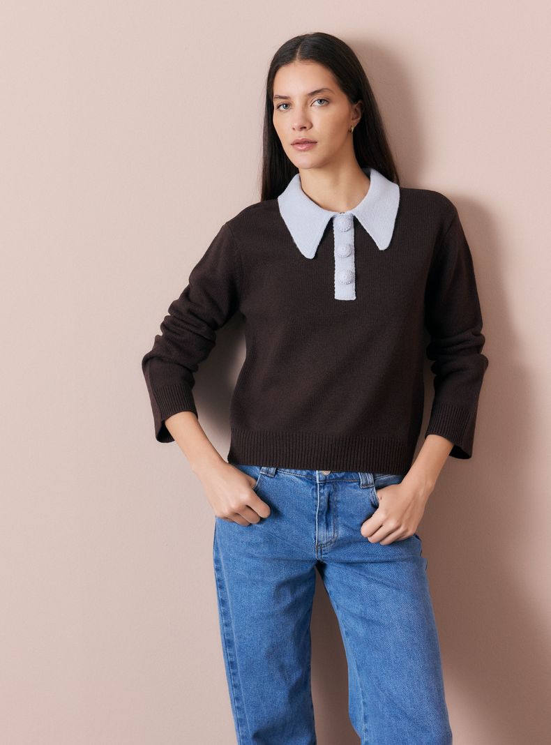 Sweater Cuello Polo con Botones Contiene Lana Merino