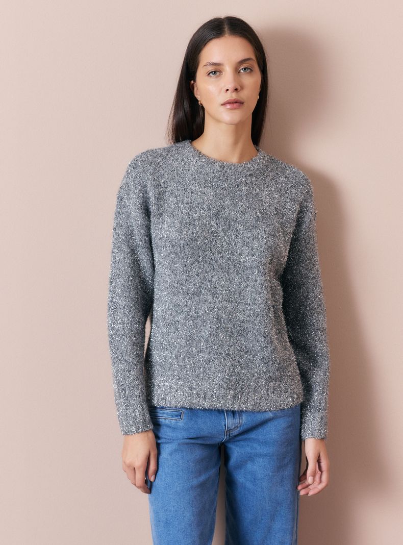 Sweater Escote Redondo y Detalles de Hilo Metalizado