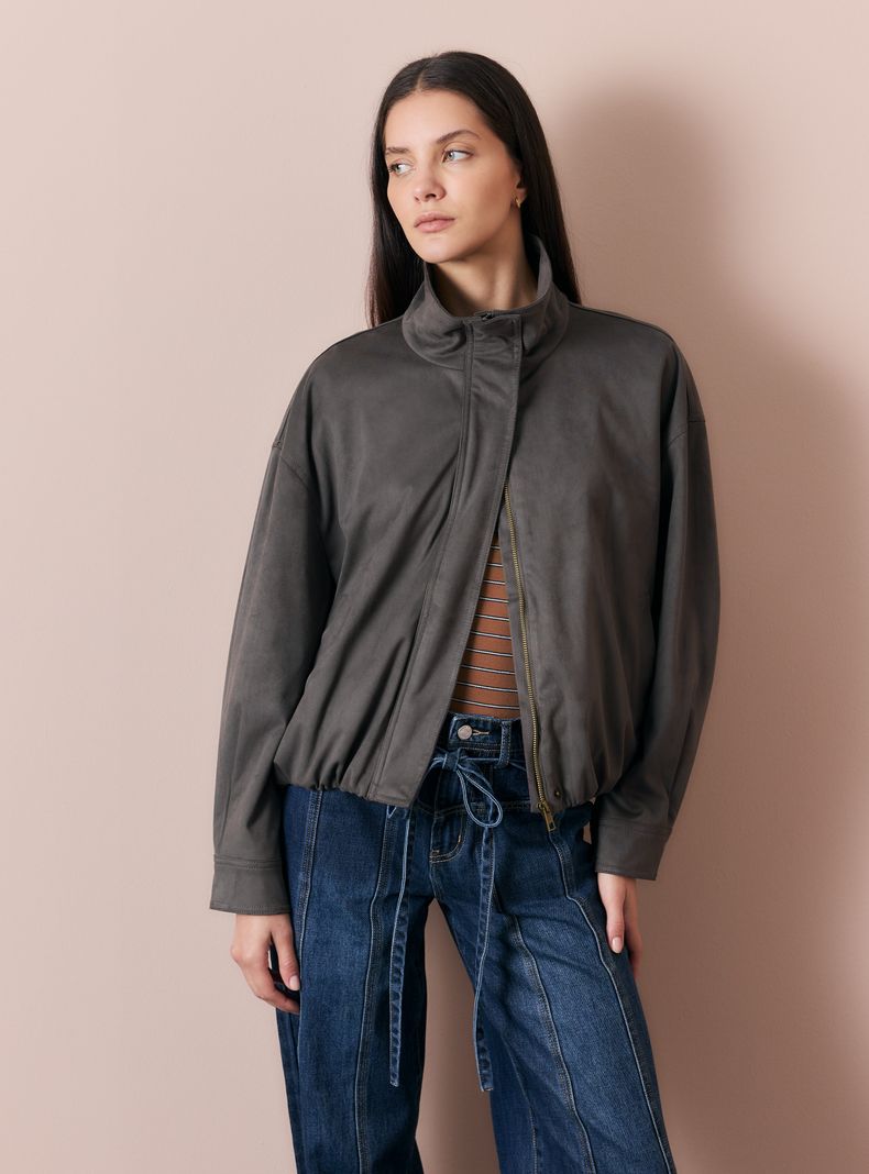 Chaqueta Bomber Efecto Gamuza con Cuello Alto y Cierre