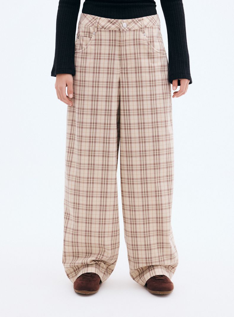 Opposite Pantalón con Cuadros Wide Leg Tiro Alto