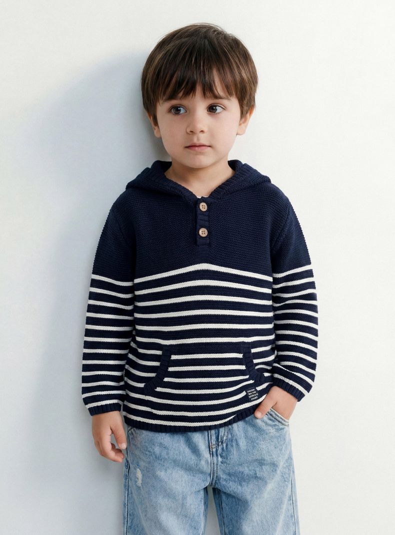 Sweater con Rayas y Botón Niño