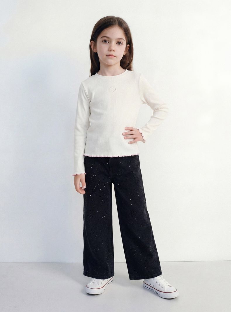 Jeans Wide Leg Alto con Brillos Estampado
