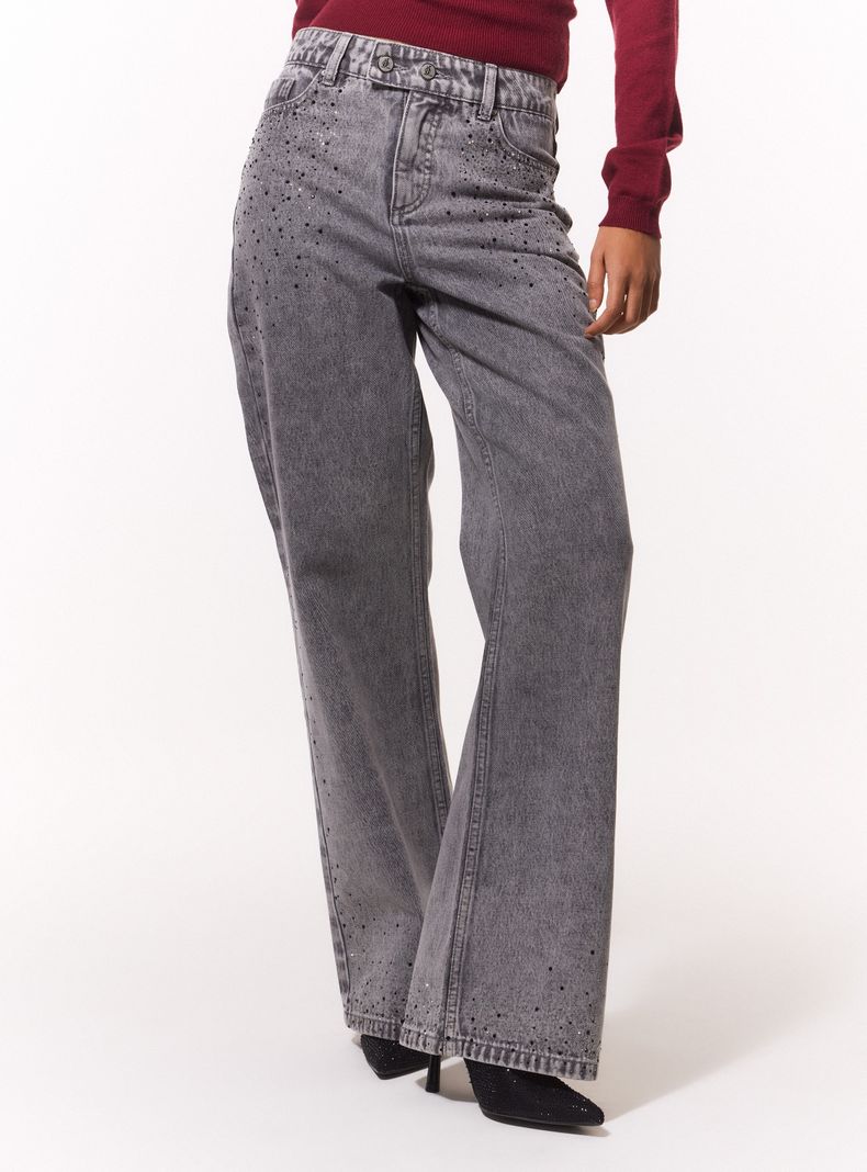 Jeans Wide Leg con Pretina Dos Botones con Strass Bi Color