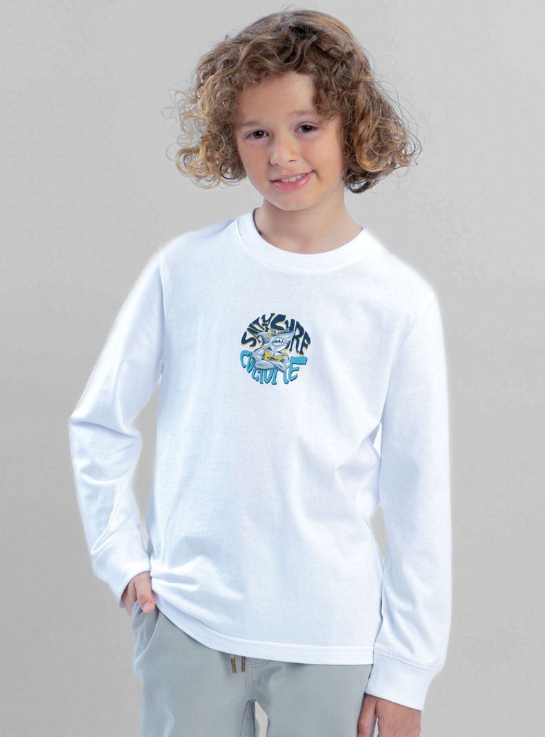 Polera Manga Larga Estampado Shark White