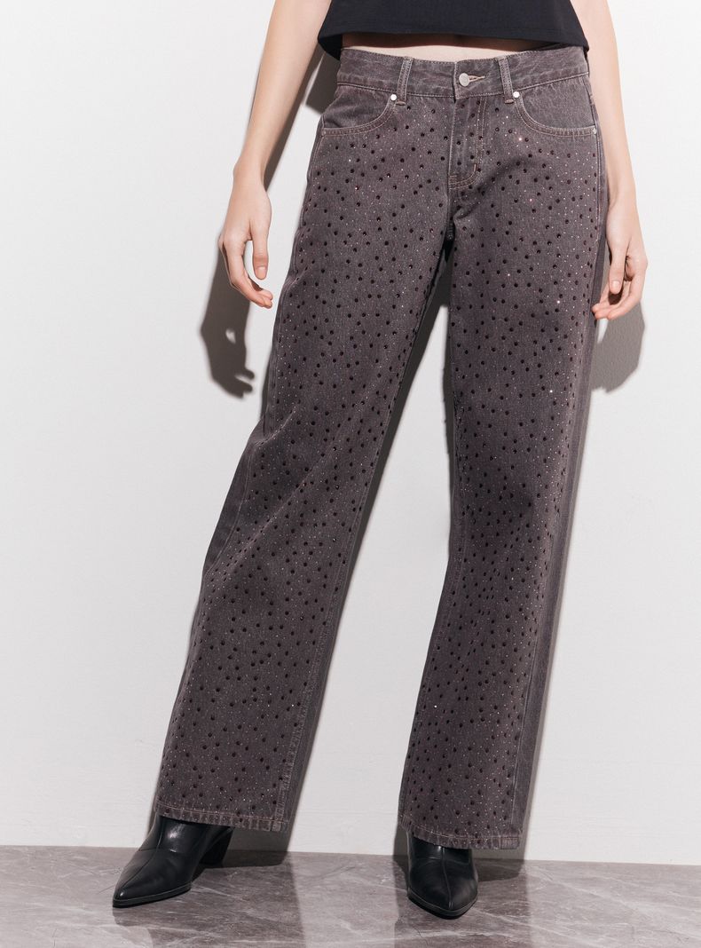 Jeans Baggy Balloon Tiro Medio con Strass Decorativo