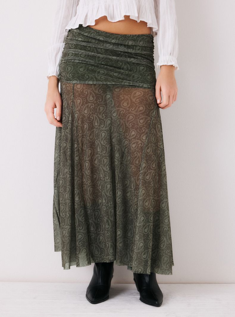 Falda Paisley Maxi Pretina Alta con Elástico Fruncido