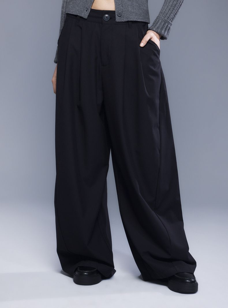 Pantalón Palazzo Tiro Medio Wide Leg con Pinzas y Bolsillos