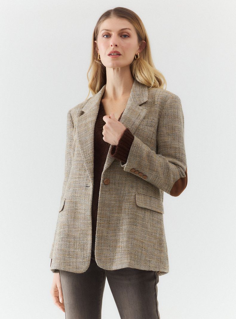 Blazer Tweed con Coderas y Botones Metálicos