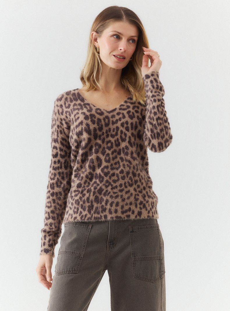 Sweater Escote V Animal Print