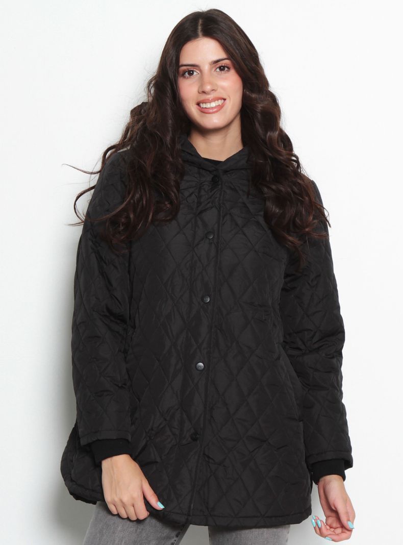 Parka Quilt Manga Larga con Capucha Abrochada en Delantero