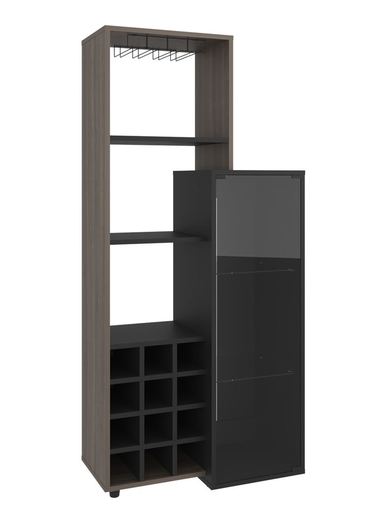 Bar 12 Botelleros y Portacopas 1 Puerta de Vidrio Ozzy 175x80.9x41.3 cm Wengue y Milan Negro
