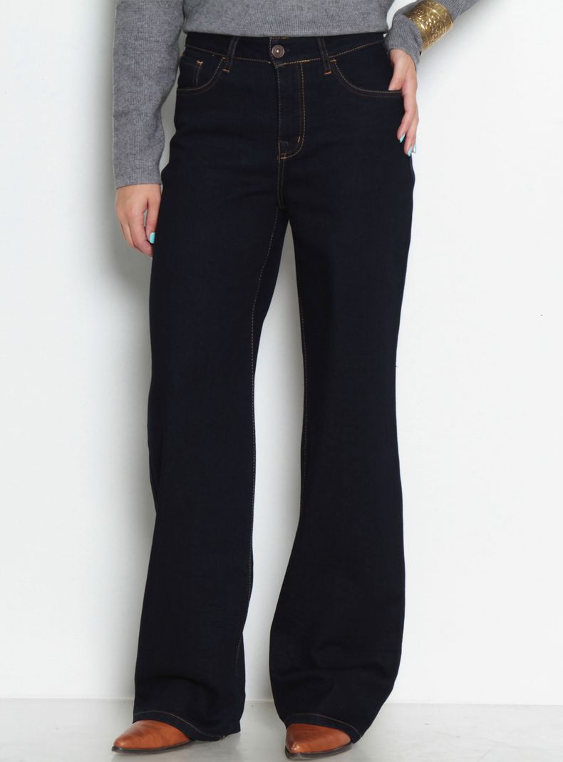Jeans Wide Leg Tiro Alto Pretina Básica 1 Botón J301