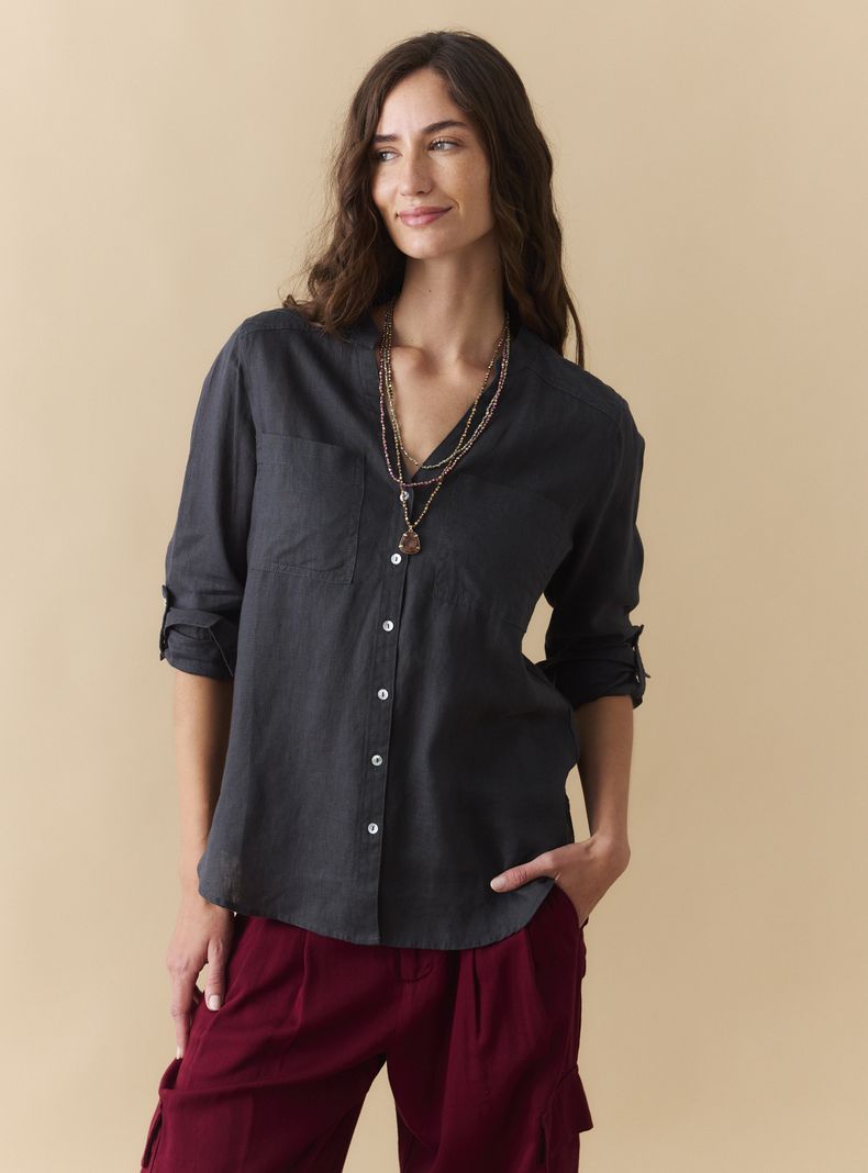 Blusa Lino Cuello Mao Botones