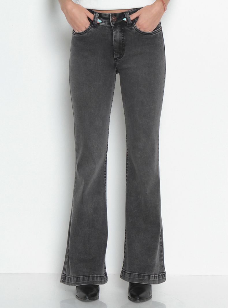 Jeans Flare Tiro Alto Pretina Básica de un Botón 347