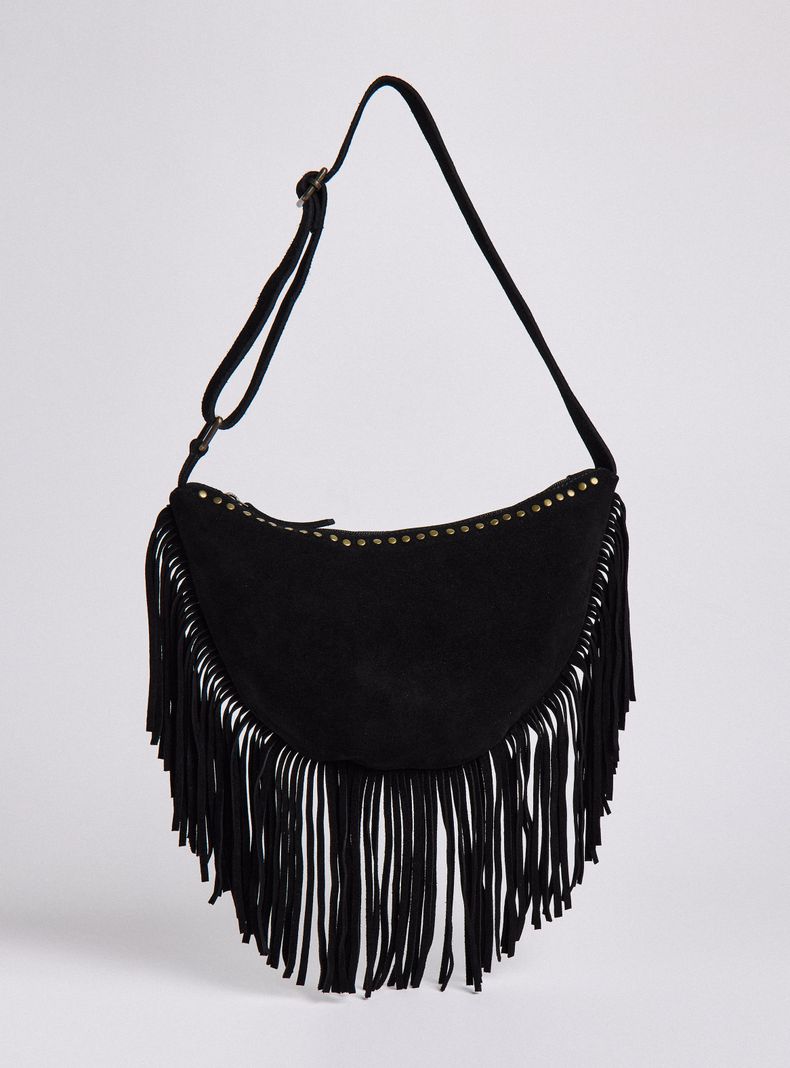 Cartera de Mano con Detalle Tachas y Flecos Gamuza