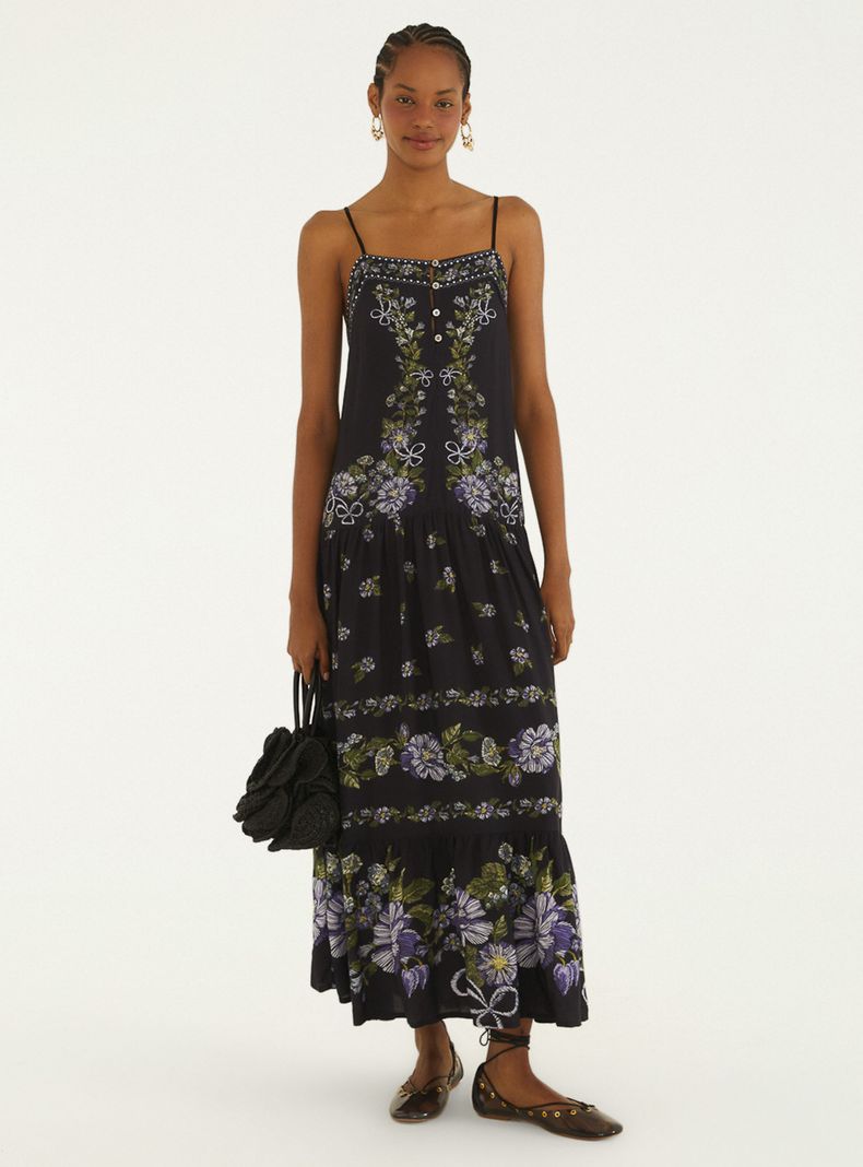 Vestido Maxi Floral con Escote Recto y Tirantes Finos