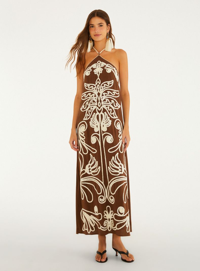 Vestido Midi Halter Bordado en Contraste