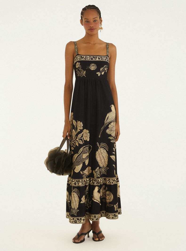 Vestido Largo Escote Cuadrado con Estampado Flora y Fauna