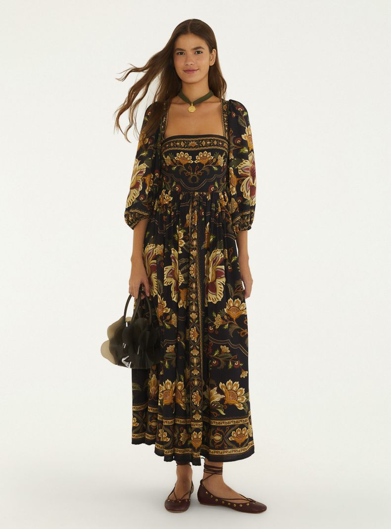 Vestido Midi Mangas Abullonadas Patrón Floral