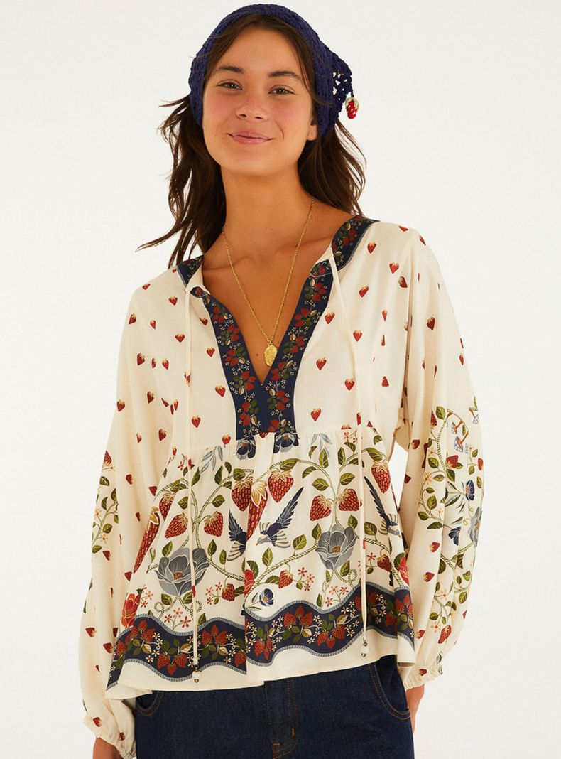 Blusa Boho Estampado Fresas