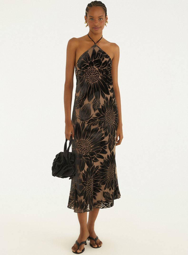 Vestido Midi Halter Estampado de Girasoles