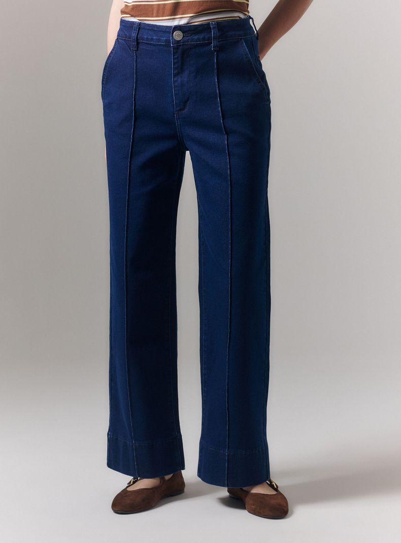 Jeans Slim Wide Leg Tiro Alto con Costuras Frontales