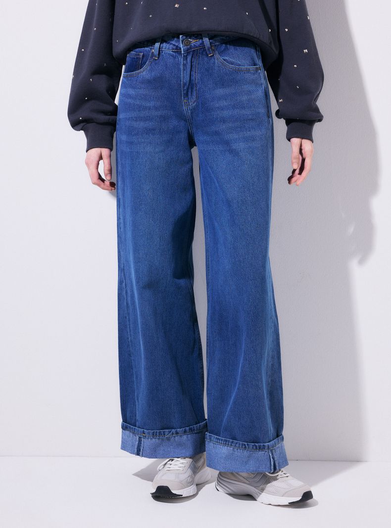 Jeans Barrel Tiro Alto con Dobladillo