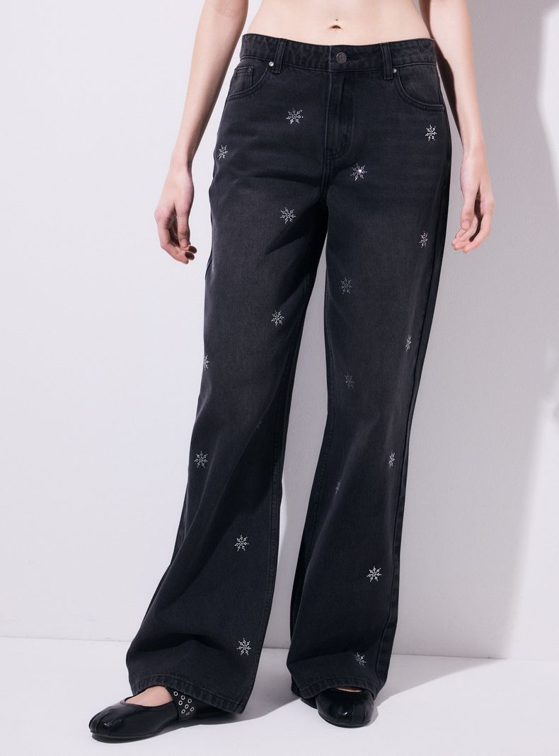 Jeans Wide Leg Alto con Bordados Palmeras