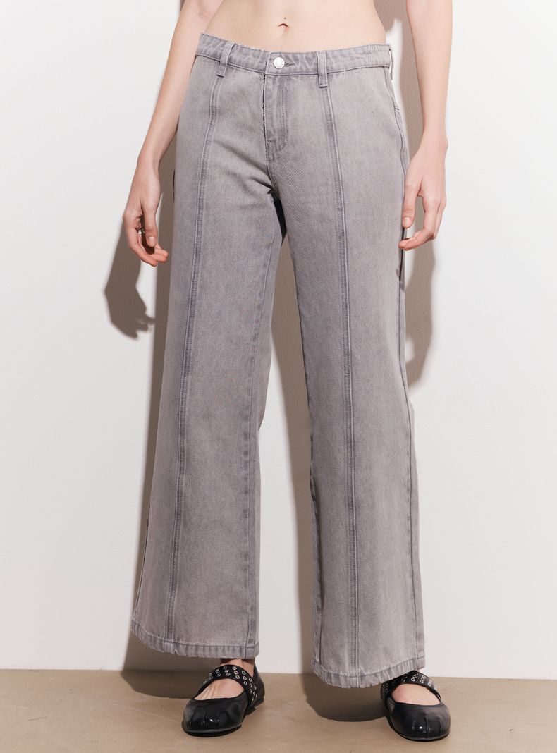 Jeans Wide Leg Alto con Costuras Decorativas