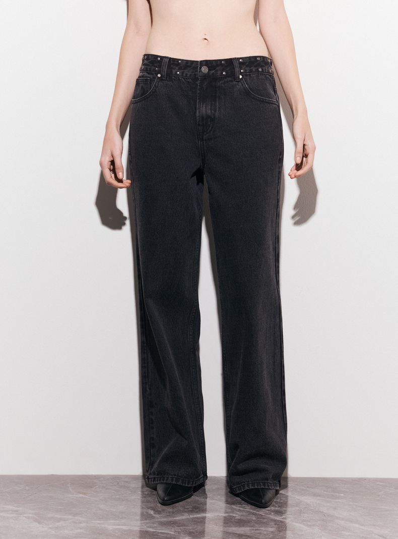 Jeans Wide Leg Alto con Lavado y Tachas en Cintura