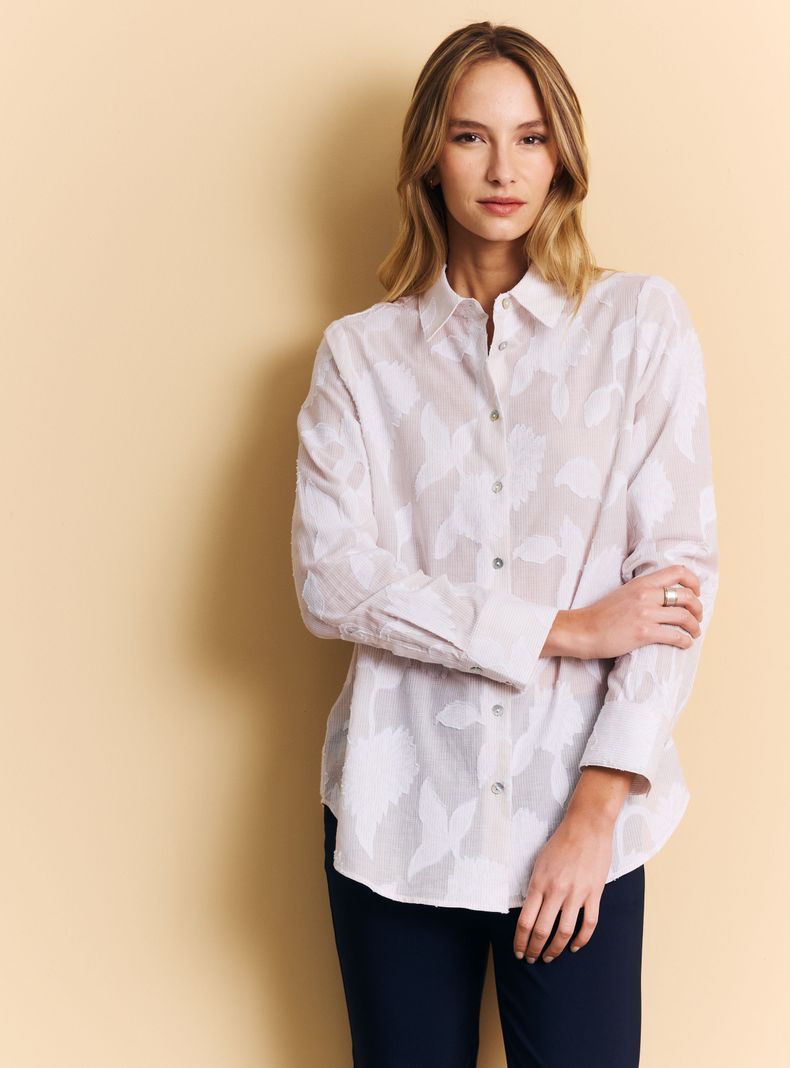 Blusa Cuello Camisero Listada con Flores