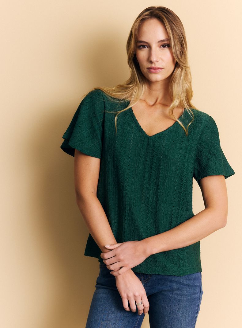 Polera Texturizada con Cuello V Manga Corta Acampanada