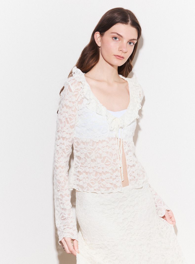 Blusa Encaje Transparente Cuello V con Lazo