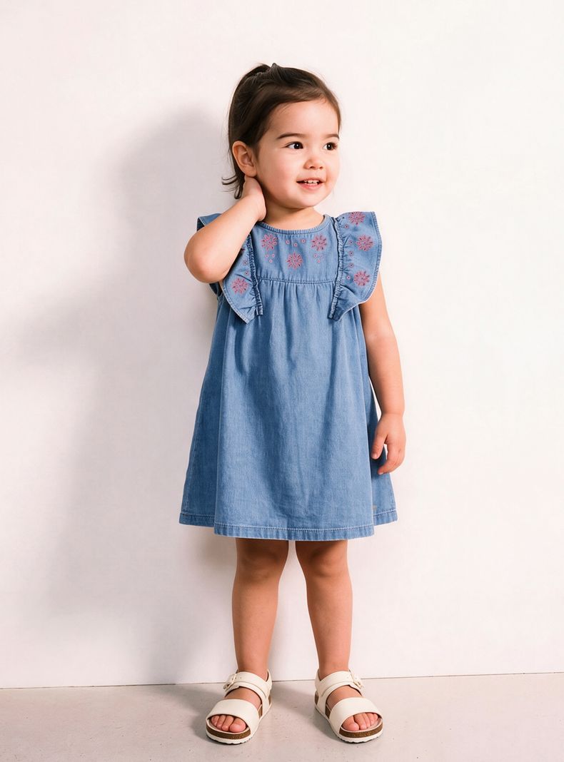 Vestido Vuelitos en Hombro y Bordado Flores