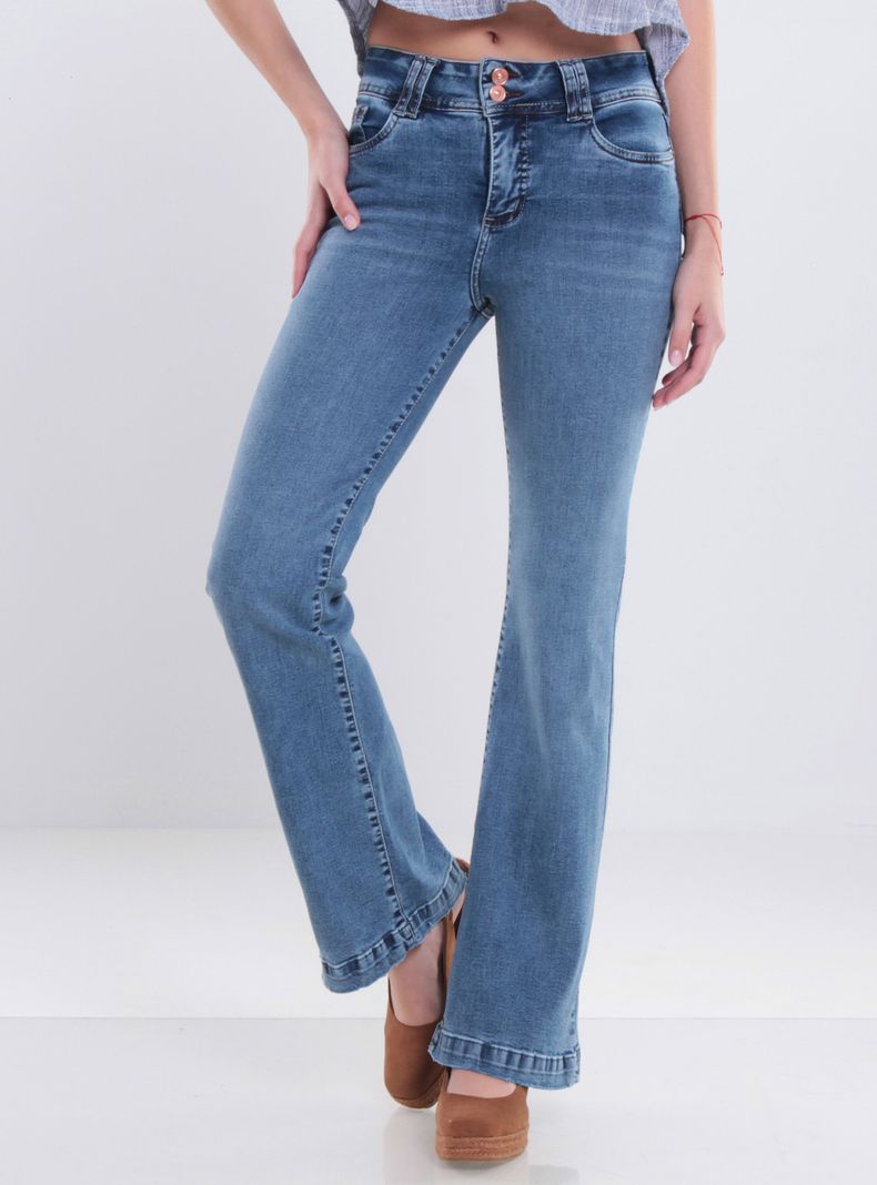Jeans Tiro Alto Pretina Media Dos Botones Pierna Flare