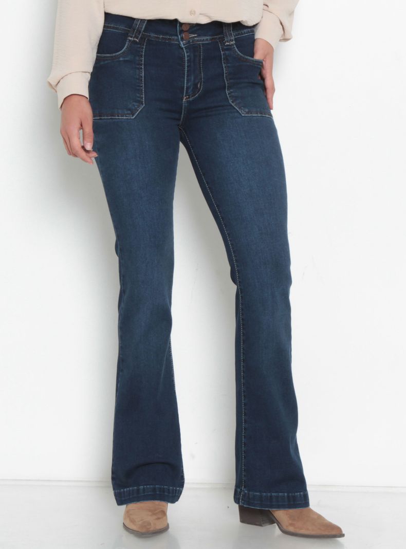 Jeans Cargo Flare Tiro Alto Pretina Media con 2 Botones