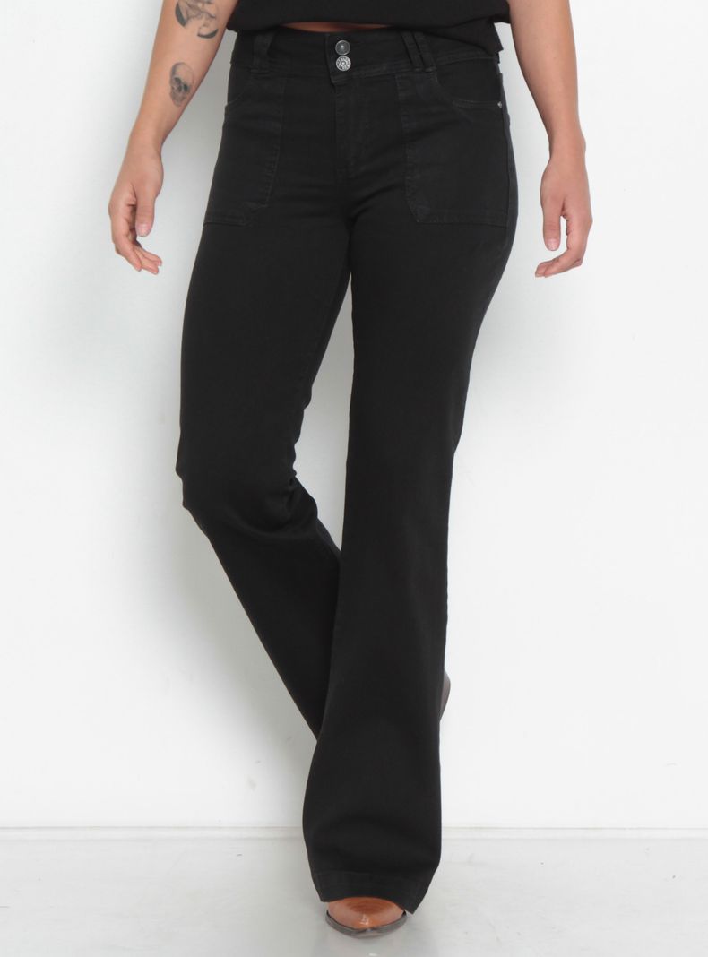 Jeans Cargo Flare Tiro Alto Pretina Media con Botones