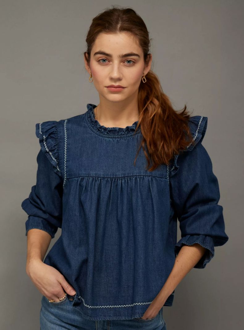 Blusa AE Manga Larga Vuelos de Denim