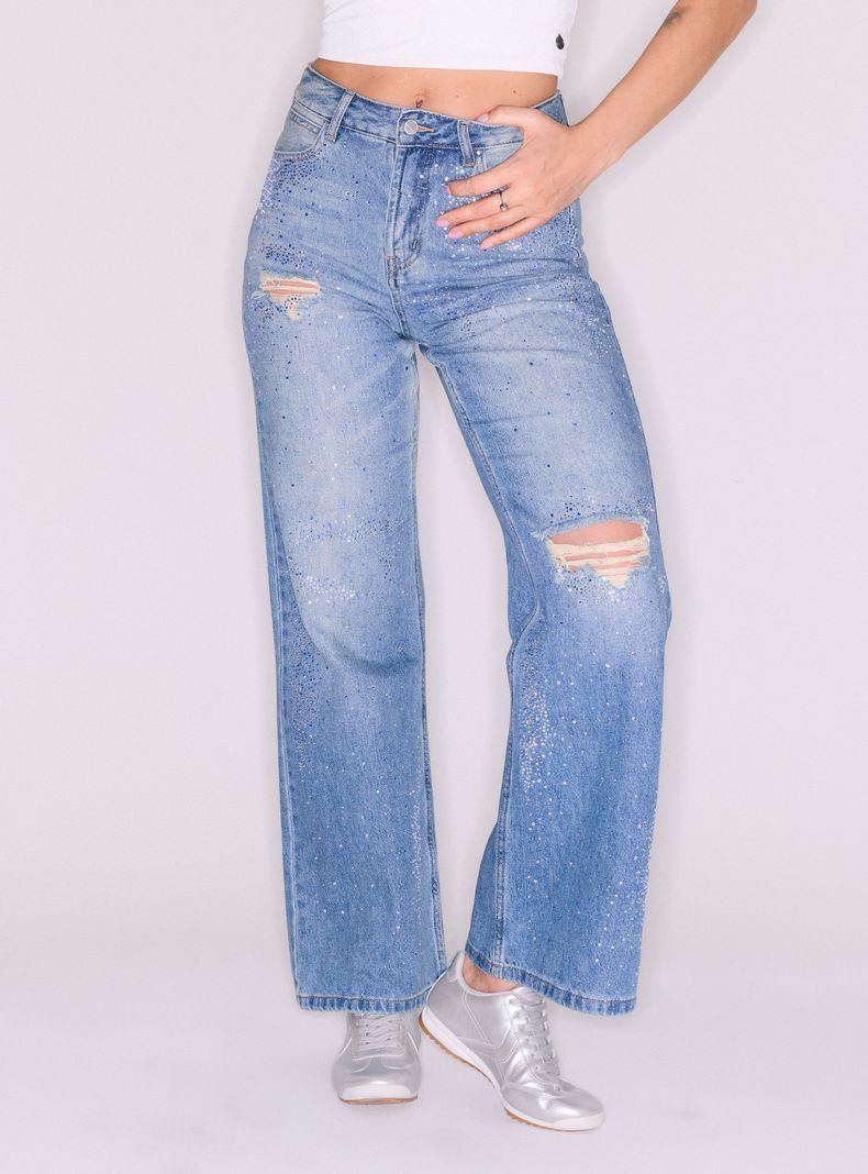 Jeans Wide Leg con Roturas y Strass Localizados