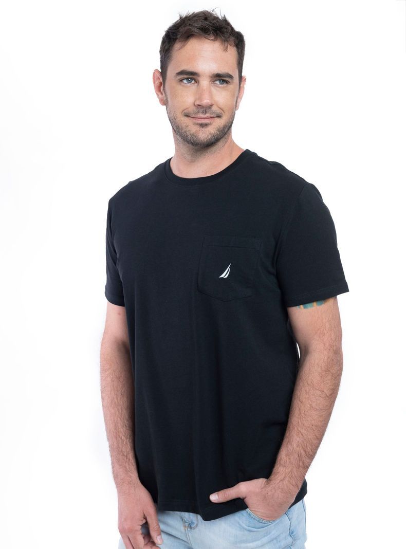 Polera Manga Corta Básica Bolsillo Sólida Negro
