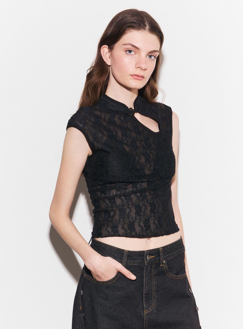 Polera Estilo Qipao Encaje sin Manga Cuello Alto