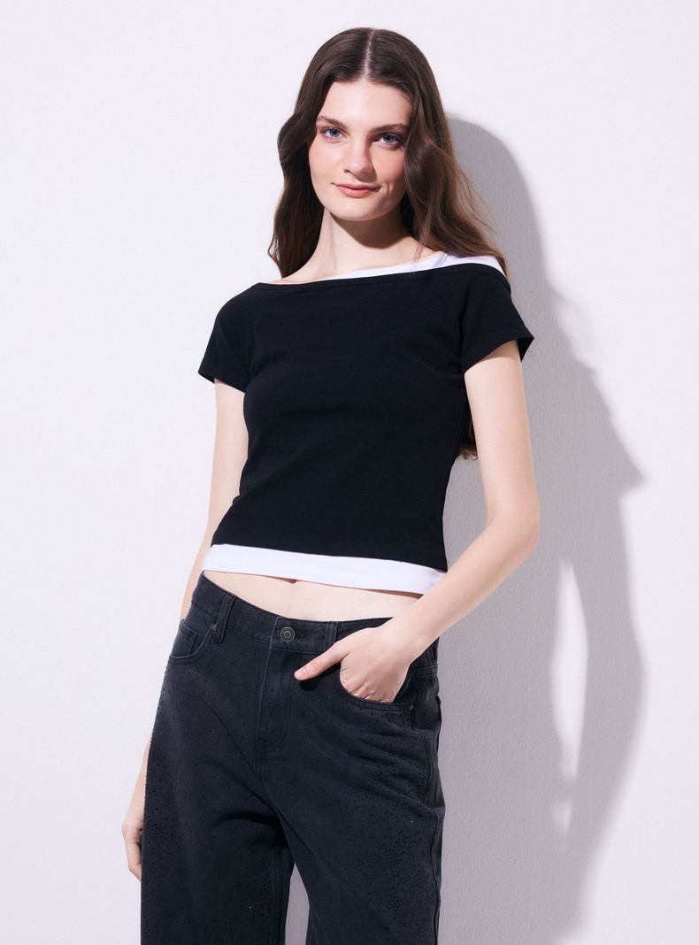 Polera Doble Capa Manga Corta Off Shoulder