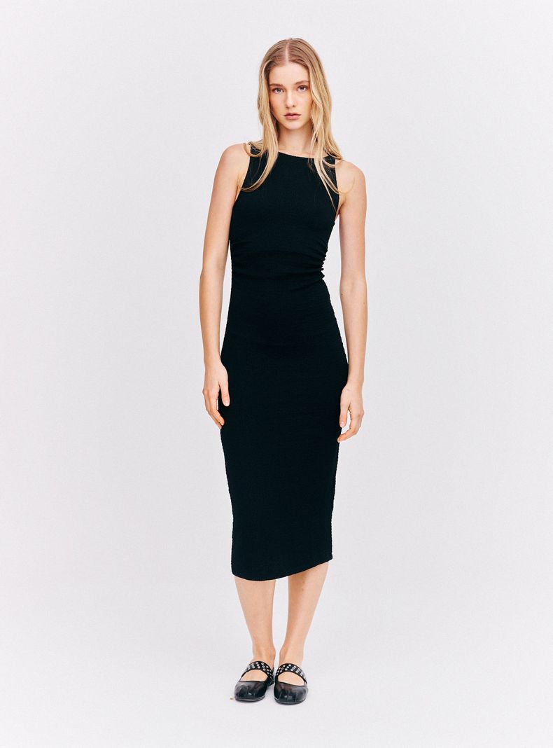 Vestido sin Manga Cuello Redondo Ajustado con Fruncido