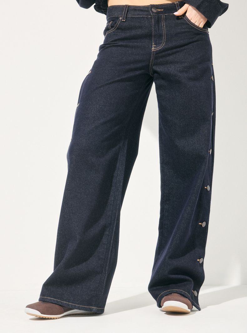 Jeans Wide Leg Alto con Botones Laterales