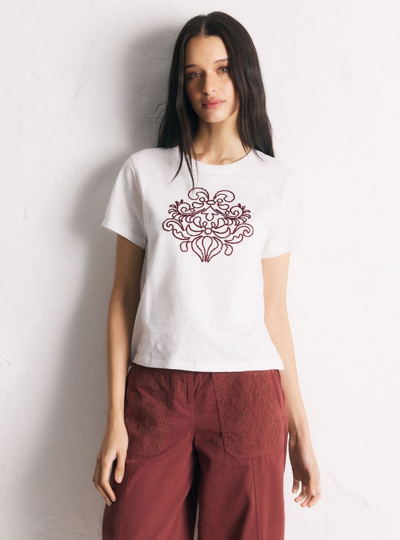 Polera Bordado Floral Manga Corta Cuello Redondo