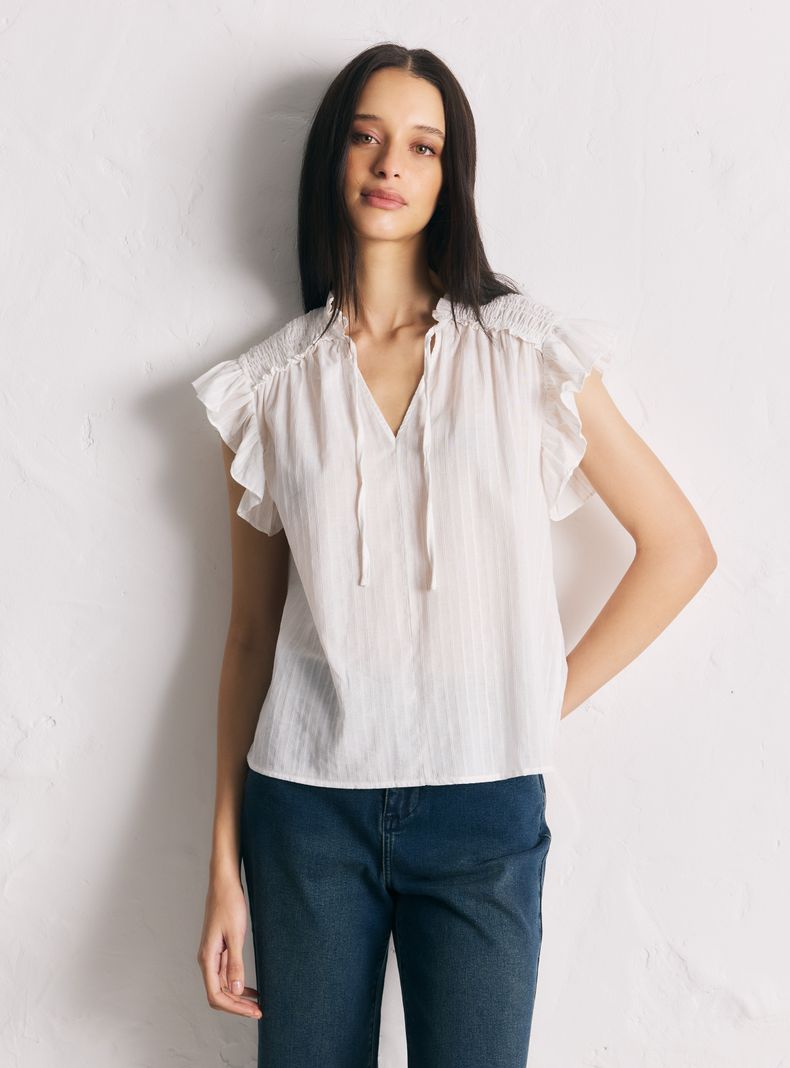 Blusa Cuello V Fruncido con Volantes con Amarras