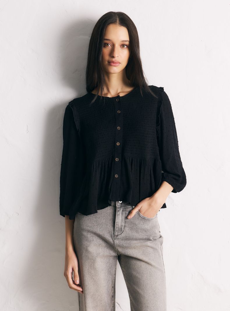 Blusa Cuello Redondo Botones Volado Mangas Globo