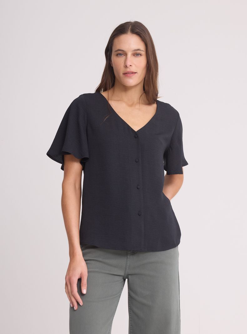 Blusa Cuello V con Botones Manga Mariposa