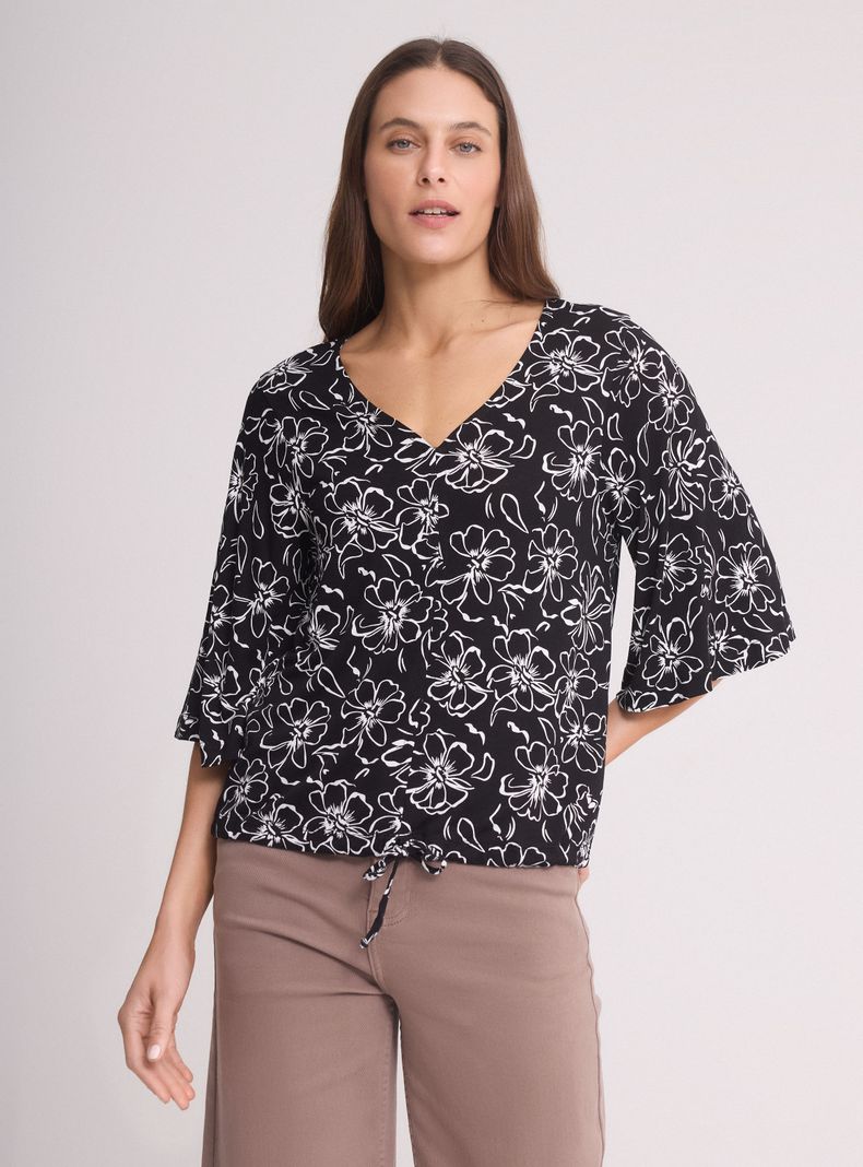 Polera Floral Cuello V Manga 3/4 Cordón Ajustable