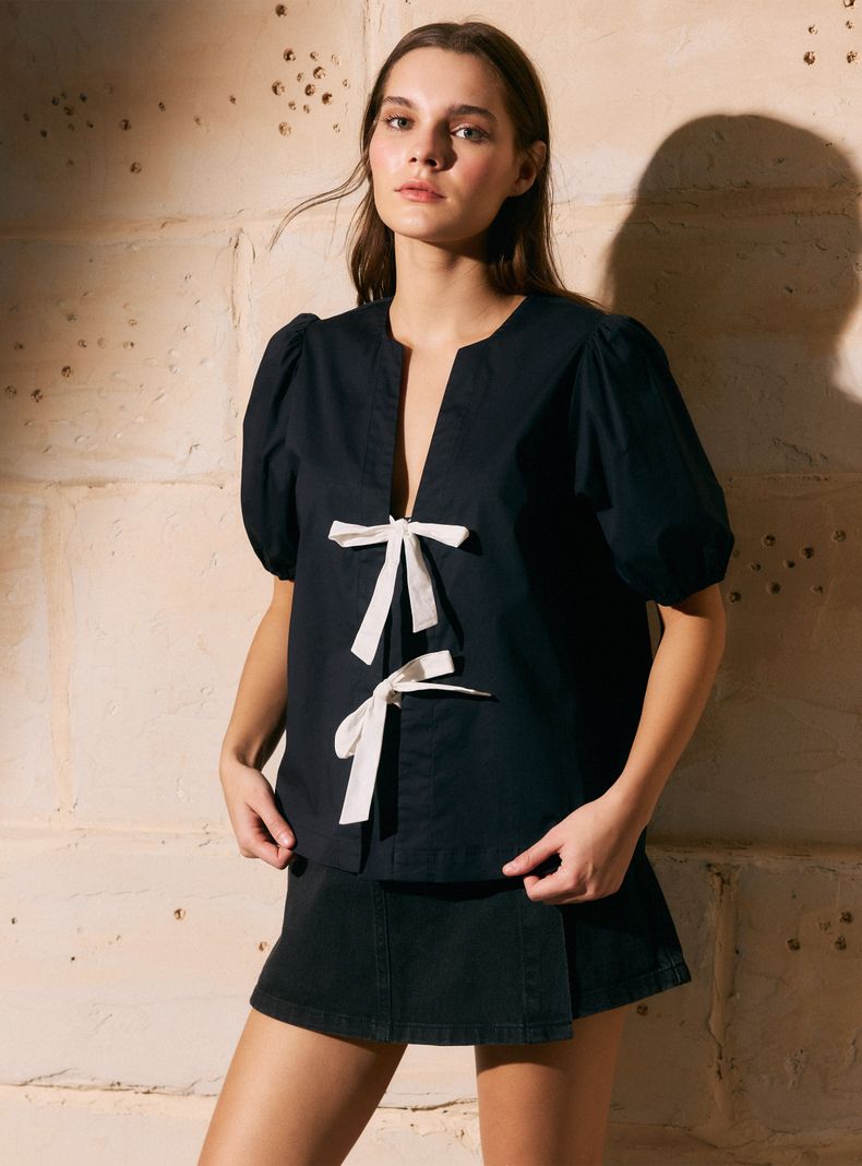 Blusa Manga Globo Escote V y Lazos
